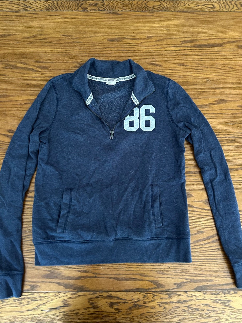 PINK Victoria's Secret Navy Quarter-Zip Pullover with '86' Graphic
